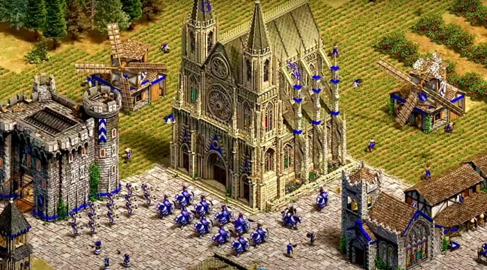 Mejores civilizaciones en mapas de tierra, Francos, su caballería y su maravilla (la Catedral de San Vito) en Age of Empires II